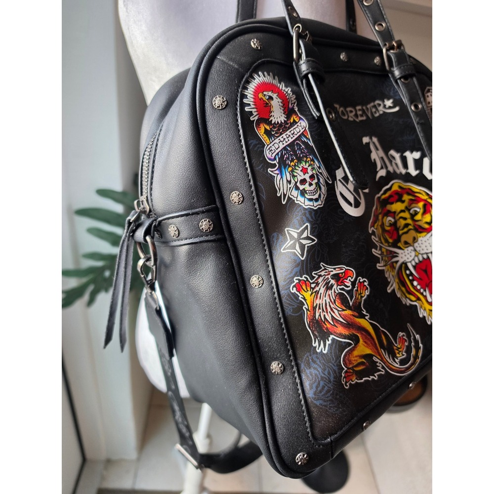 Ed Hardy Black Tattoo Graphic Satchel Bag Tiger Eagle Studded Y2K Bowler Bag - Picture 2 of 5